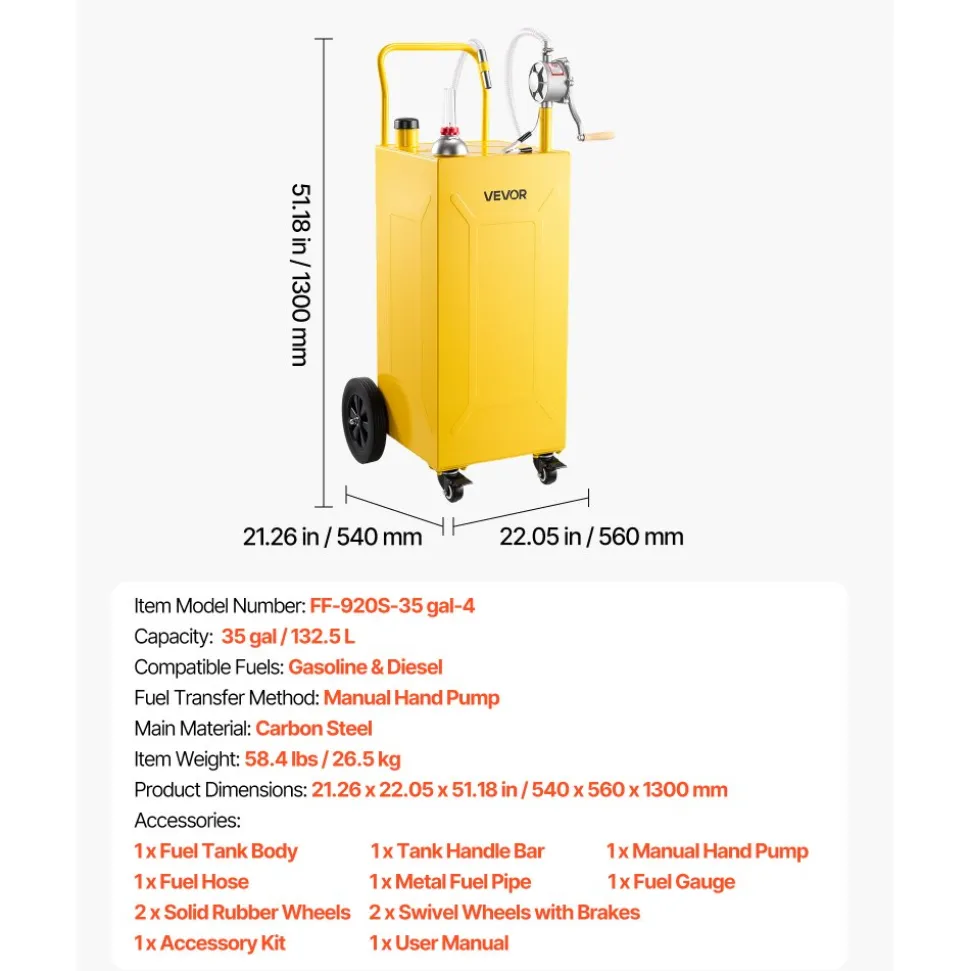 VEVOR 35 Gallon Fuel Gas Caddy, Carbon Steel, Portable Fuel Transfer Storage Tank with Manual Pump & 4 Wheels, Gasoline Diesel Can Container, for Cars, Lawn Mowers, ATVs, Boats, Motorcycles, Yellow