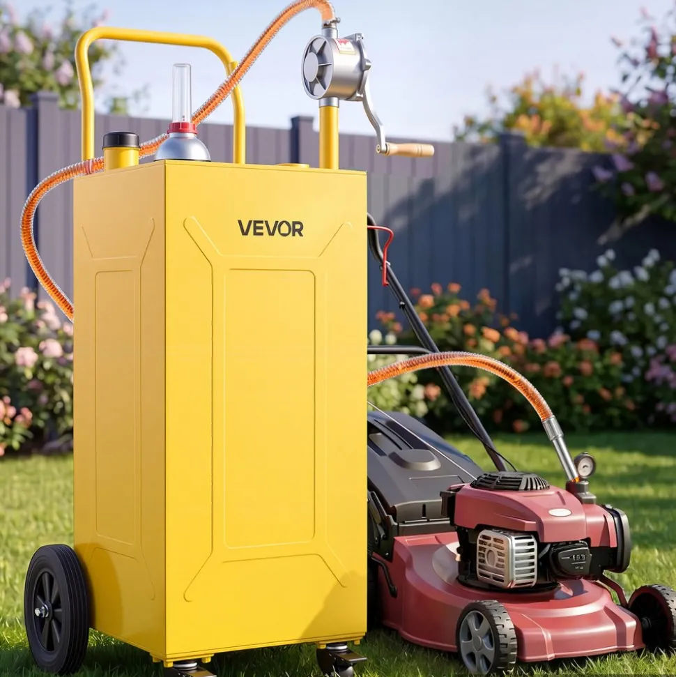 VEVOR 35 Gallon Fuel Gas Caddy, Carbon Steel, Portable Fuel Transfer Storage Tank with Manual Pump & 4 Wheels, Gasoline Diesel Can Container, for Cars, Lawn Mowers, ATVs, Boats, Motorcycles, Yellow