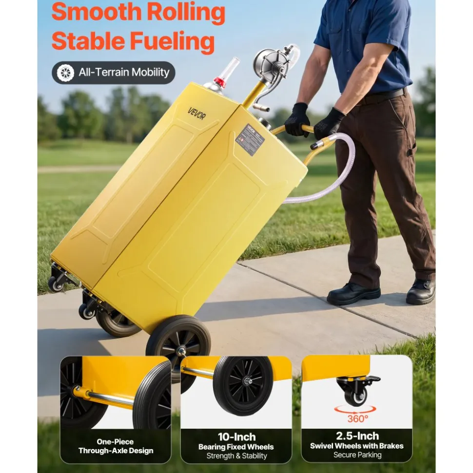VEVOR 35 Gallon Fuel Gas Caddy, Carbon Steel, Portable Fuel Transfer Storage Tank with Manual Pump & 4 Wheels, Gasoline Diesel Can Container, for Cars, Lawn Mowers, ATVs, Boats, Motorcycles, Yellow