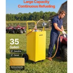 VEVOR 35 Gallon Fuel Gas Caddy, Carbon Steel, Portable Fuel Transfer Storage Tank with Manual Pump & 4 Wheels, Gasoline Diesel Can Container, for Cars, Lawn Mowers, ATVs, Boats, Motorcycles, Yellow