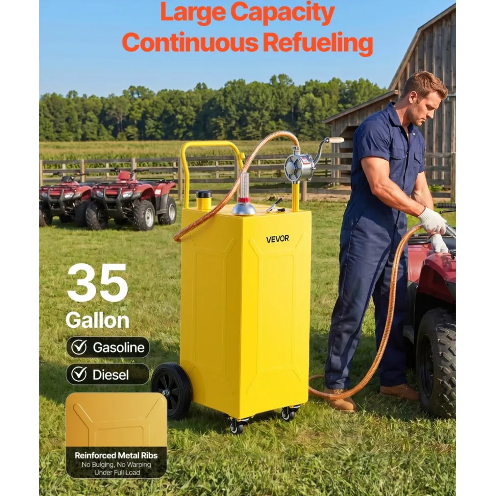 VEVOR 35 Gallon Fuel Gas Caddy, Carbon Steel, Portable Fuel Transfer Storage Tank with Manual Pump & 4 Wheels, Gasoline Diesel Can Container, for Cars, Lawn Mowers, ATVs, Boats, Motorcycles, Yellow