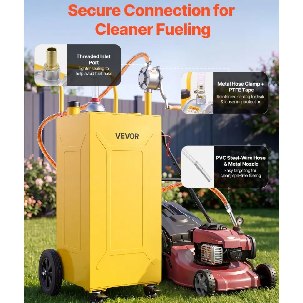VEVOR 35 Gallon Fuel Gas Caddy, Carbon Steel, Portable Fuel Transfer Storage Tank with Manual Pump & 4 Wheels, Gasoline Diesel Can Container, for Cars, Lawn Mowers, ATVs, Boats, Motorcycles, Yellow