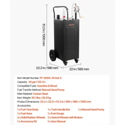 VEVOR 35 Gallon Fuel Gas Caddy, Carbon Steel, Portable Fuel Transfer Storage Tank with Manual Pump & 4 Wheels, Gasoline Diesel Can Container, for Cars, Lawn Mowers, ATVs, Boats, Motorcycles, Black