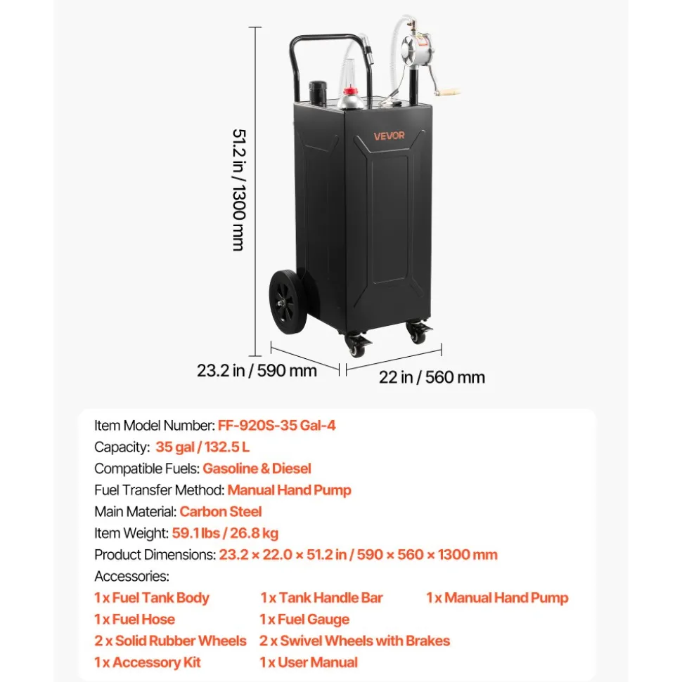 VEVOR 35 Gallon Fuel Gas Caddy, Carbon Steel, Portable Fuel Transfer Storage Tank with Manual Pump & 4 Wheels, Gasoline Diesel Can Container, for Cars, Lawn Mowers, ATVs, Boats, Motorcycles, Black