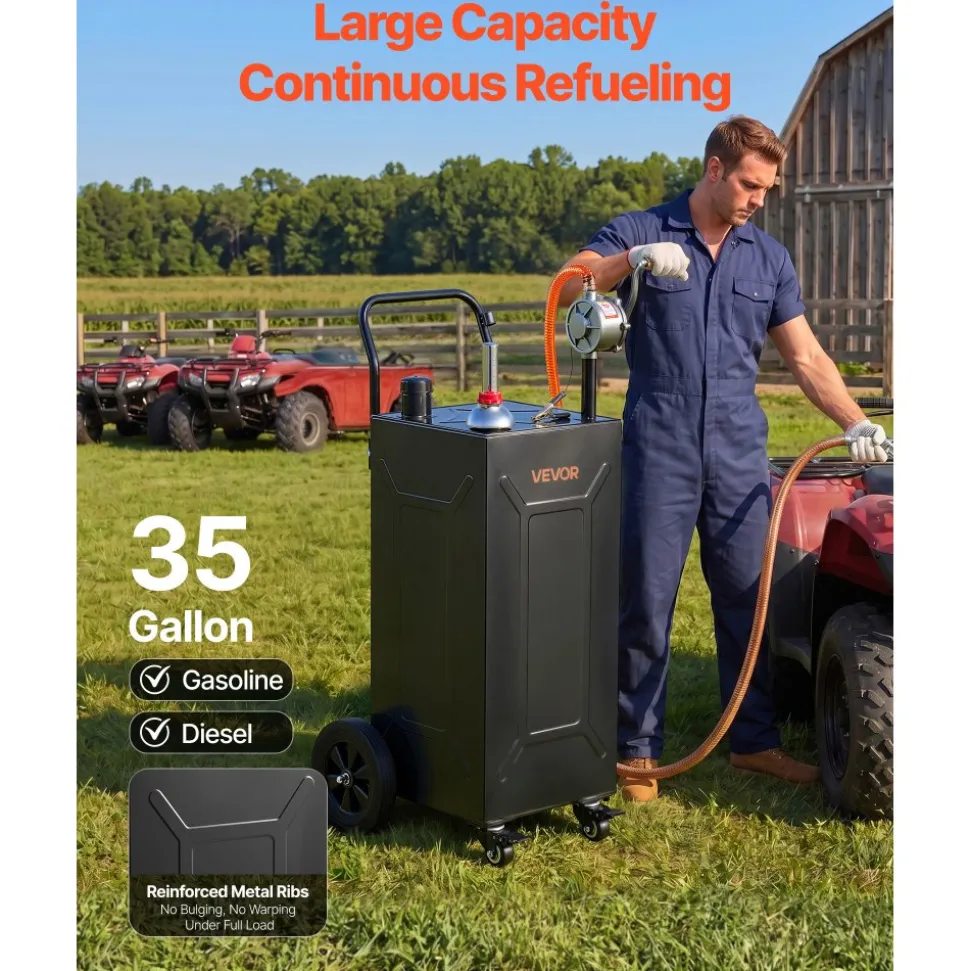 VEVOR 35 Gallon Fuel Gas Caddy, Carbon Steel, Portable Fuel Transfer Storage Tank with Manual Pump & 4 Wheels, Gasoline Diesel Can Container, for Cars, Lawn Mowers, ATVs, Boats, Motorcycles, Black