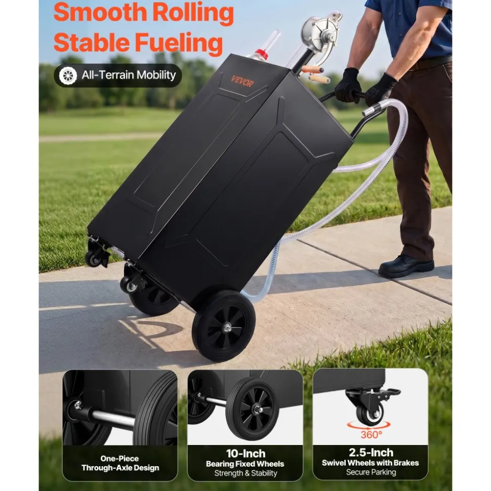 VEVOR 35 Gallon Fuel Gas Caddy, Carbon Steel, Portable Fuel Transfer Storage Tank with Manual Pump & 4 Wheels, Gasoline Diesel Can Container, for Cars, Lawn Mowers, ATVs, Boats, Motorcycles, Black