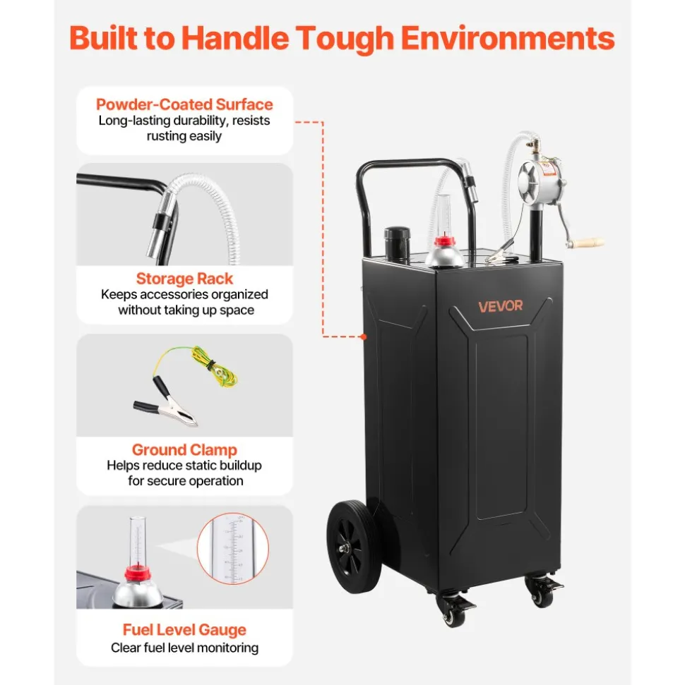 VEVOR 35 Gallon Fuel Gas Caddy, Carbon Steel, Portable Fuel Transfer Storage Tank with Manual Pump & 4 Wheels, Gasoline Diesel Can Container, for Cars, Lawn Mowers, ATVs, Boats, Motorcycles, Black
