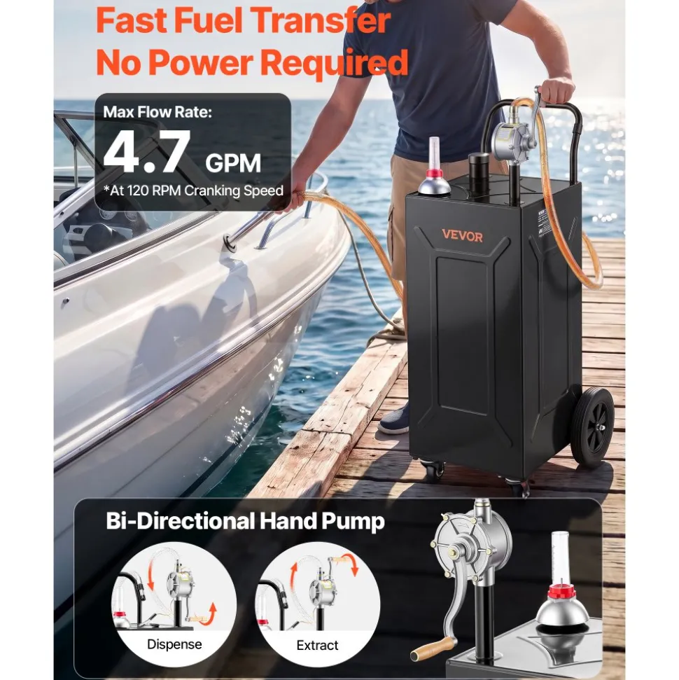 VEVOR 35 Gallon Fuel Gas Caddy, Carbon Steel, Portable Fuel Transfer Storage Tank with Manual Pump & 4 Wheels, Gasoline Diesel Can Container, for Cars, Lawn Mowers, ATVs, Boats, Motorcycles, Black