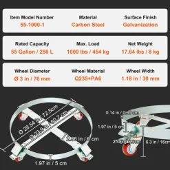 VEVOR 55 Gallon Heavy Duty Drum Dolly, 1000lbs Load Capacity, Barrel Dolly Cart Drum Caddy, Non Tipping Hand Truck Capacity Dollies with Steel Frame 4 Swivel Casters Wheel, for Warehouse Drum Handling