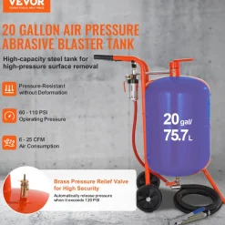 VEVOR 20 Gallon Sand Blaster, 60-110 PSI High Pressure Sandblaster, Portable Abrasive Blasting Tank, Air Sand Blasting Kit with 4 Ceramic Nozzles and Oil-Water Separator for Paint, Stain, Rust Removal