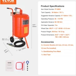 VEVOR 20 Gallon Sand Blaster, 60-110 PSI High Pressure Sandblaster, Portable Abrasive Blasting Tank, Air Sand Blasting Kit with 4 Ceramic Nozzles and Oil-Water Separator for Paint, Stain, Rust Removal