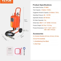 VEVOR 5 Gallon Sand Blaster, 60-110 PSI High Pressure Sandblaster, Portable Abrasive Blasting Tank, Air Sand Blasting Kit with 4 Ceramic Nozzles and Oil-Water Separator for Paint, Stain, Rust Removal