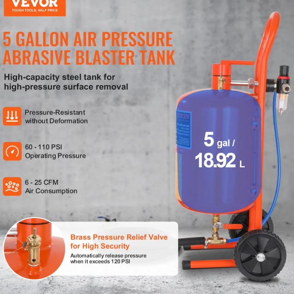 VEVOR 5 Gallon Sand Blaster, 60-110 PSI High Pressure Sandblaster, Portable Abrasive Blasting Tank, Air Sand Blasting Kit with 4 Ceramic Nozzles and Oil-Water Separator for Paint, Stain, Rust Removal