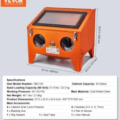 VEVOR 40 Gallon Sandblasting Cabinet, 40-120PSI Portable Benchtop Sand Blasting Cabinet, Heavy Duty Steel Sand Blaster with Blasting Gun & 4 Ceramic Nozzles for Paint, Stain, Rust Removal