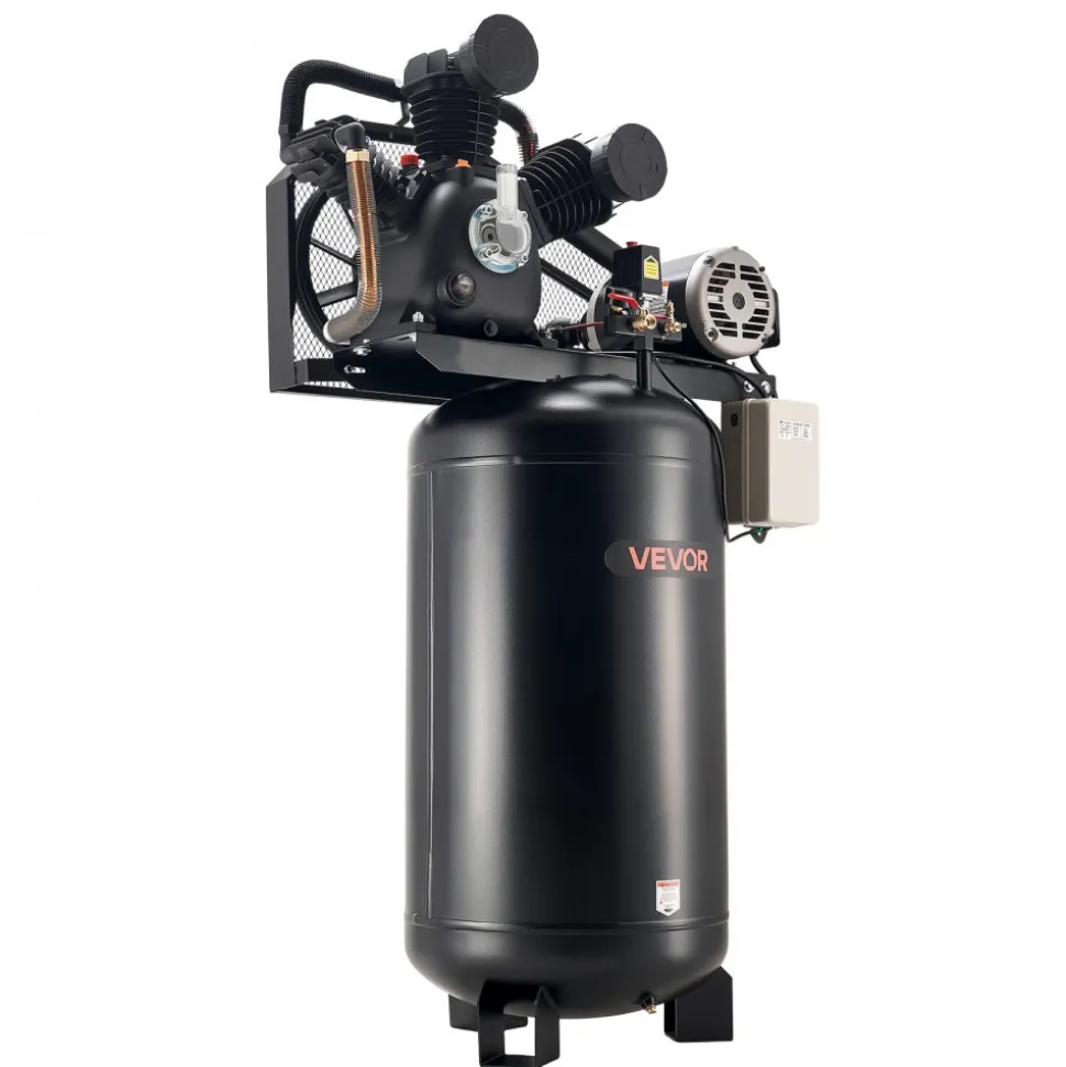 VEVOR 80 Gallons Heavy-Duty Air Compressor, 10HP 17 SCFM at 90PSI Air Compressors Max 175PSI, Oil-Lubricated Compressor Tank for Industrial Manufacturing, Large Workshops (230V 3-Phase, No Plug)