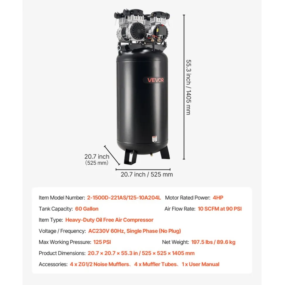 VEVOR 60 Gallons Heavy-Duty Air Compressor, 4HP 10SCFM at 90PSI Air Compressors with Max 125PSI Pressure, Oil-Free Compressor Tank for Industrial Manufacturing, Large Workshops (230V 60Hz, No-Plug)