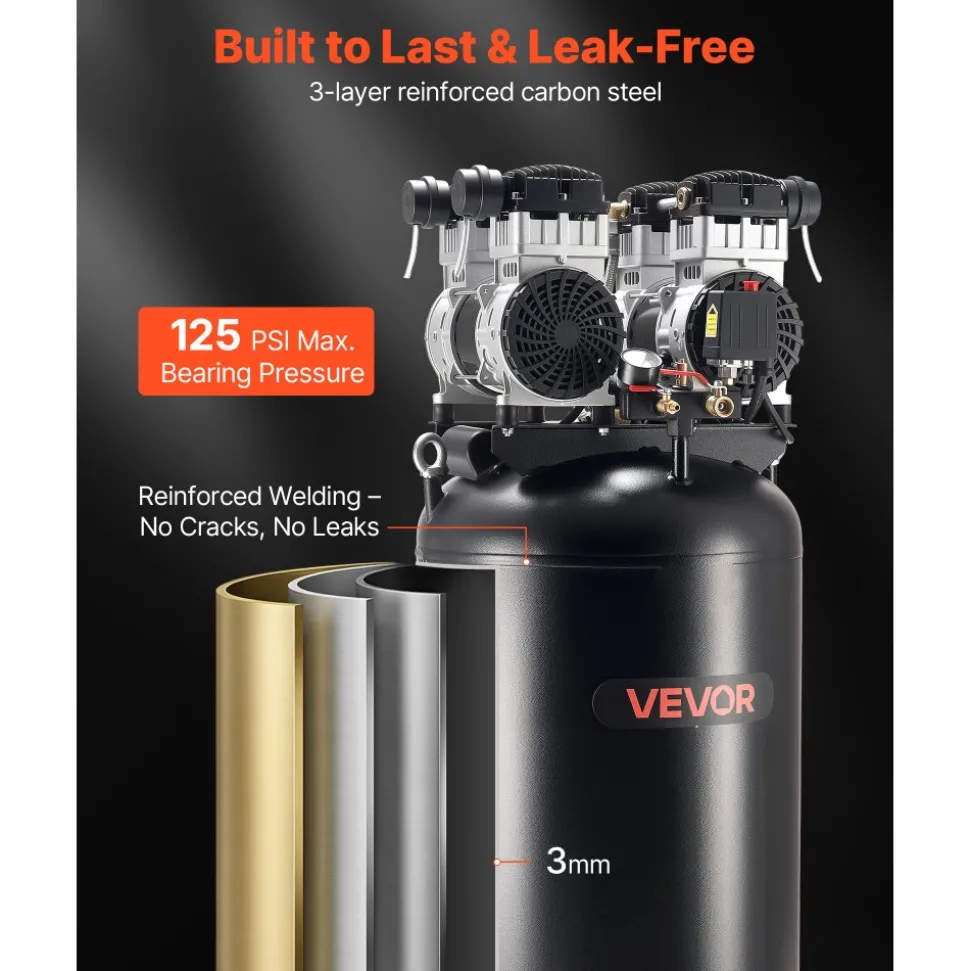 VEVOR 60 Gallons Heavy-Duty Air Compressor, 4HP 10SCFM at 90PSI Air Compressors with Max 125PSI Pressure, Oil-Free Compressor Tank for Industrial Manufacturing, Large Workshops (230V 60Hz, No-Plug)