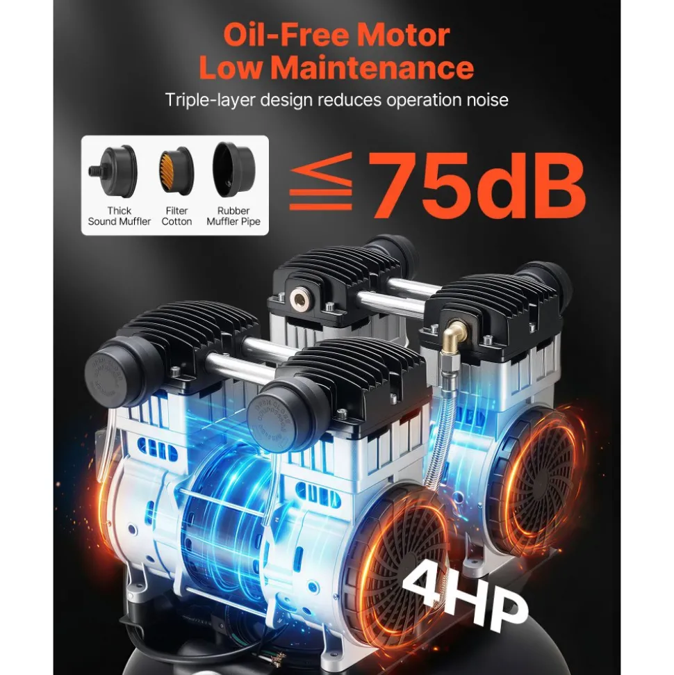 VEVOR 60 Gallons Heavy-Duty Air Compressor, 4HP 10SCFM at 90PSI Air Compressors with Max 125PSI Pressure, Oil-Free Compressor Tank for Industrial Manufacturing, Large Workshops (230V 60Hz, No-Plug)