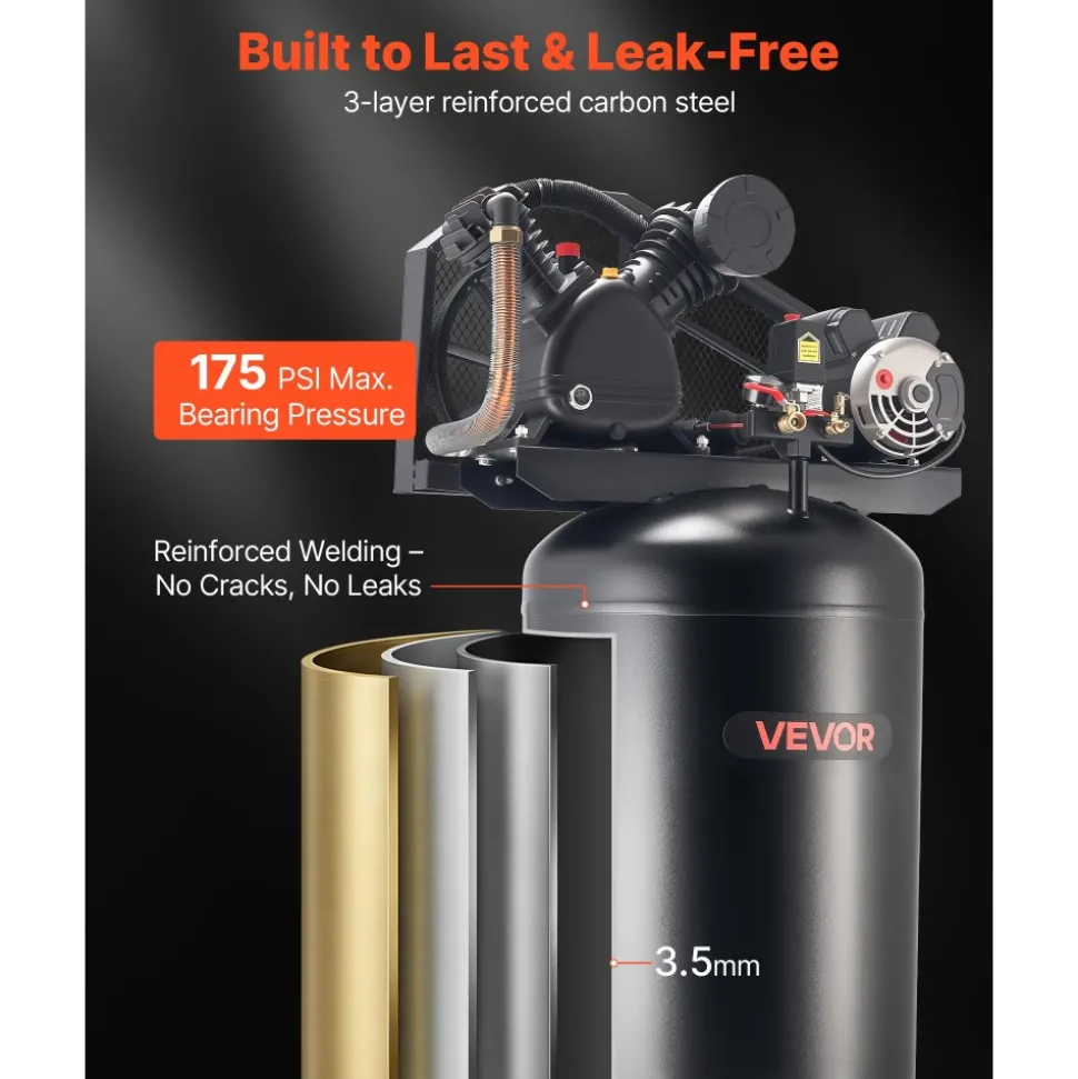 VEVOR 80 Gallons Heavy-Duty Air Compressor, 5HP 10 SCFM at 90PSI Air Compressors Max 175PSI Pressure, Oil-Lubricated Compressor Tank for Industrial Manufacturing, Large Workshops (230V 60Hz, No-Plug)