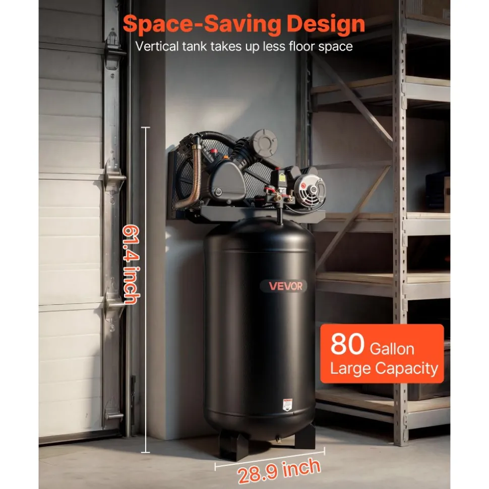 VEVOR 80 Gallons Heavy-Duty Air Compressor, 5HP 10 SCFM at 90PSI Air Compressors Max 175PSI Pressure, Oil-Lubricated Compressor Tank for Industrial Manufacturing, Large Workshops (230V 60Hz, No-Plug)