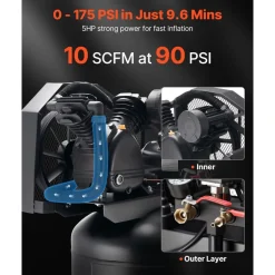 VEVOR 80 Gallons Heavy-Duty Air Compressor, 5HP 10 SCFM at 90PSI Air Compressors Max 175PSI Pressure, Oil-Lubricated Compressor Tank for Industrial Manufacturing, Large Workshops (230V 60Hz, No-Plug)