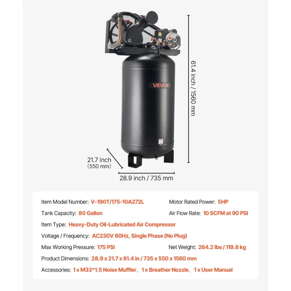 VEVOR 80 Gallons Heavy-Duty Air Compressor, 5HP 10 SCFM at 90PSI Air Compressors Max 175PSI Pressure, Oil-Lubricated Compressor Tank for Industrial Manufacturing, Large Workshops (230V 60Hz, No-Plug)