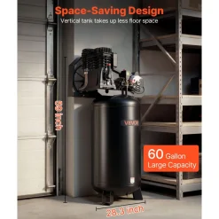 VEVOR 60 Gallons Heavy-Duty Air Compressor, 3.7HP 8 SCFM at 90PSI Air Compressors Max 155PSI Pressure, Oil-Lubricated Compressor Tank for Industrial Manufacturing, Large Workshops (230V 60Hz, No-Plug)