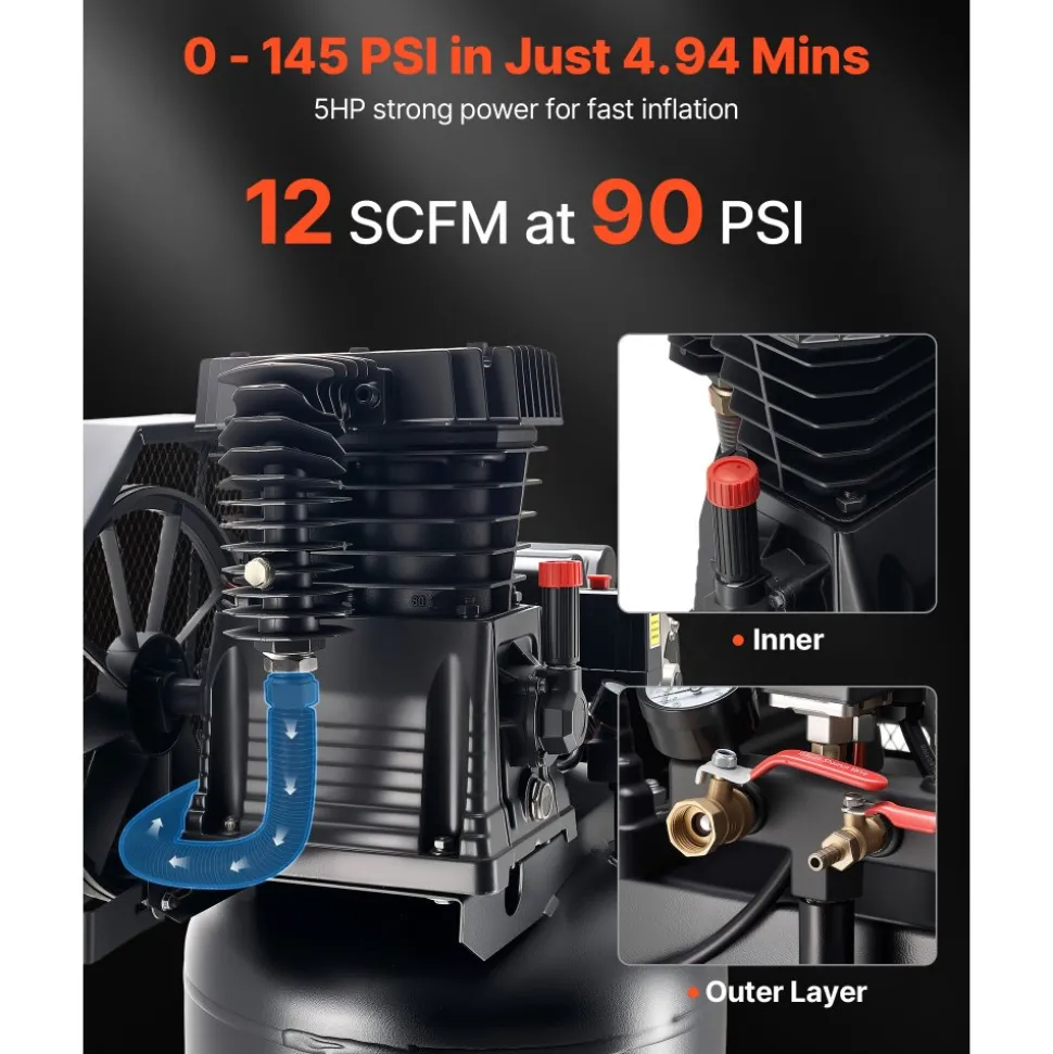 VEVOR 60 Gallons Heavy-Duty Air Compressor, 3.7HP 8 SCFM at 90PSI Air Compressors Max 155PSI Pressure, Oil-Lubricated Compressor Tank for Industrial Manufacturing, Large Workshops (230V 60Hz, No-Plug)