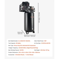 VEVOR 60 Gallons Heavy-Duty Air Compressor, 3.7HP 8 SCFM at 90PSI Air Compressors Max 155PSI Pressure, Oil-Lubricated Compressor Tank for Industrial Manufacturing, Large Workshops (230V 60Hz, No-Plug)