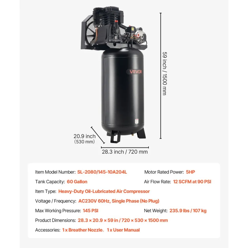 VEVOR 60 Gallons Heavy-Duty Air Compressor, 3.7HP 8 SCFM at 90PSI Air Compressors Max 155PSI Pressure, Oil-Lubricated Compressor Tank for Industrial Manufacturing, Large Workshops (230V 60Hz, No-Plug)