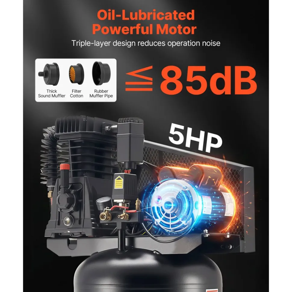 VEVOR 60 Gallons Heavy-Duty Air Compressor, 3.7HP 8 SCFM at 90PSI Air Compressors Max 155PSI Pressure, Oil-Lubricated Compressor Tank for Industrial Manufacturing, Large Workshops (230V 60Hz, No-Plug)