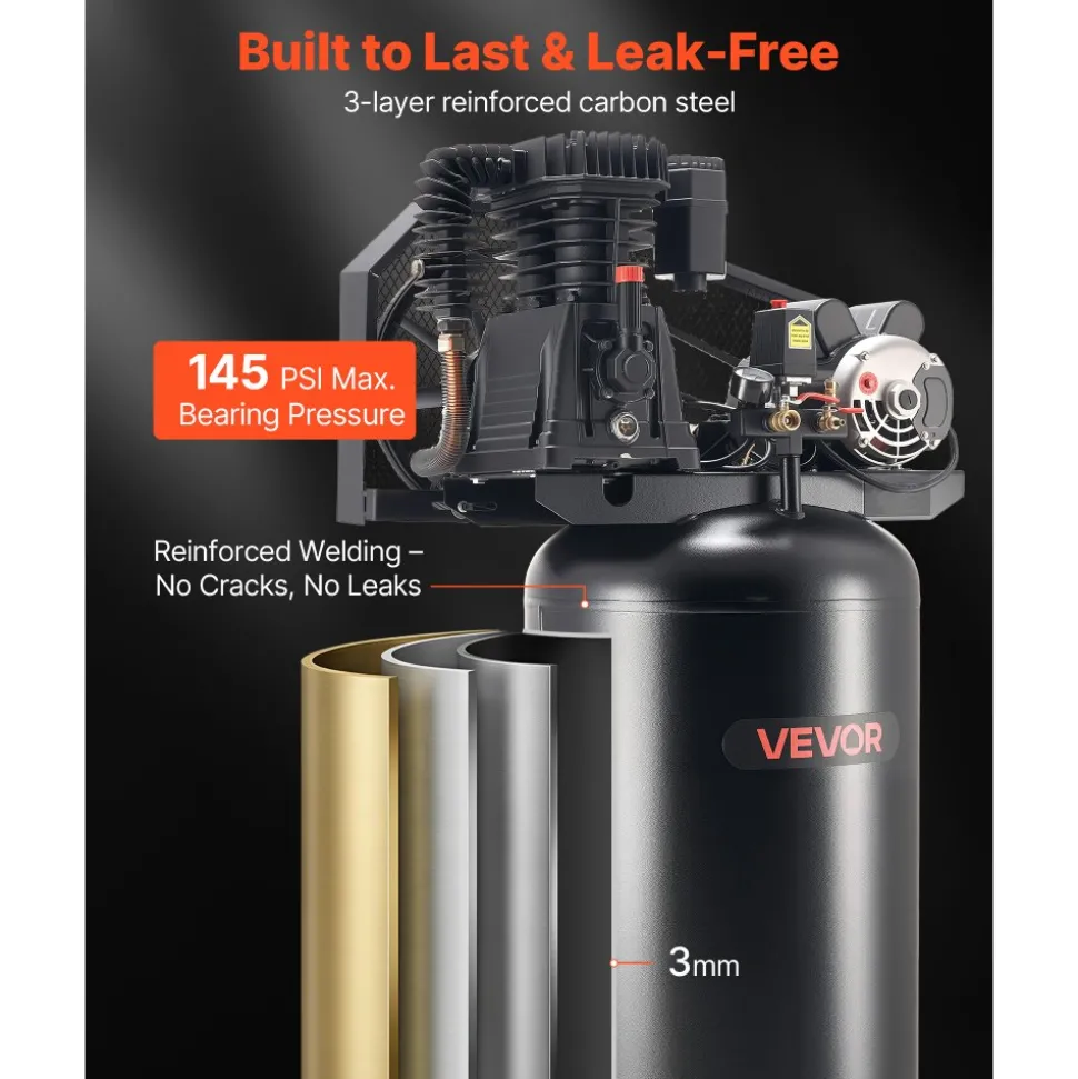 VEVOR 60 Gallons Heavy-Duty Air Compressor, 3.7HP 8 SCFM at 90PSI Air Compressors Max 155PSI Pressure, Oil-Lubricated Compressor Tank for Industrial Manufacturing, Large Workshops (230V 60Hz, No-Plug)