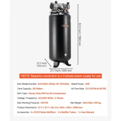 VEVOR 80 Gallons Heavy-Duty Air Compressor, 5HP 13.5SCFM at 90PSI Air Compressors Max 145PSI Pressure, Oil-Free Compressor Tank for Industrial Manufacturing, Large Workshops (230V 3-Phase, No Plug)