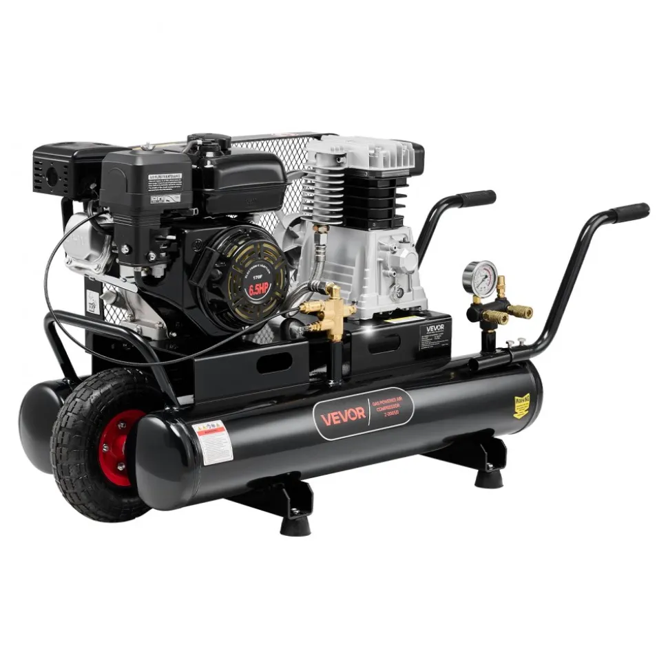 VEVOR 9 Gallon Twin-Tank Gas Powered Air Compressor, 6.5HP 9CFM Gas Driven Air Compressor Tank on Wheel, Max 115PSI Piston Pump Air-Compressed System for Tire Inflation, Auto Repairs, Spray Painting