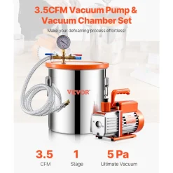 VEVOR 5 Gallon Vacuum Chamber and 3.5 CFM Pump Kit, Stainless Steel Chamber, Single Stage Vacuum Pump Degassing Chamber Kit, with Acrylic Lid, Oil, 4.92 ft Hose, for Degassing Resin Silicone Epoxies