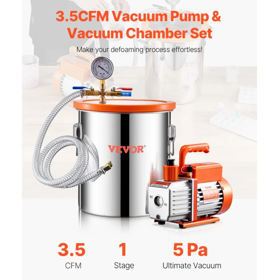 VEVOR 5 Gallon Vacuum Chamber and 3.5 CFM Pump Kit, Stainless Steel Chamber, Single Stage Vacuum Pump Degassing Chamber Kit, with Acrylic Lid, Oil, 4.92 ft Hose, for Degassing Resin Silicone Epoxies