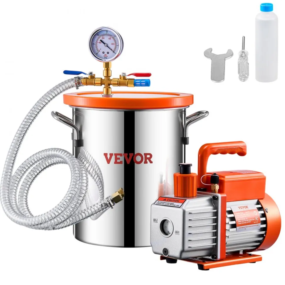 VEVOR 3 Gallon Vacuum Chamber and 3.5 CFM Pump Kit, Stainless Steel Chamber, Single Stage Vacuum Pump Degassing Chamber Kit, with Acrylic Lid, Oil, 4.92 ft Hose, for Degassing Resin Silicone Epoxies