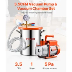 VEVOR 3 Gallon Vacuum Chamber and 3.5 CFM Pump Kit, Stainless Steel Chamber, Single Stage Vacuum Pump Degassing Chamber Kit, with Acrylic Lid, Oil, 4.92 ft Hose, for Degassing Resin Silicone Epoxies