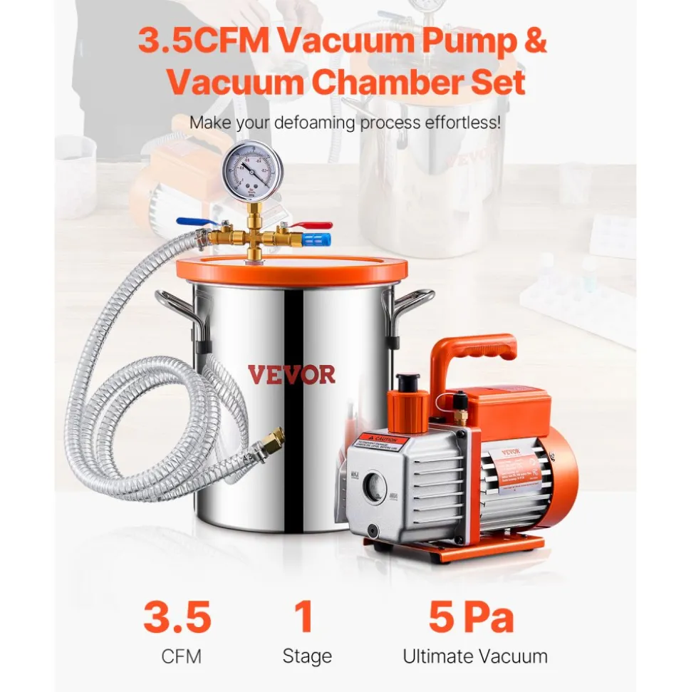 VEVOR 3 Gallon Vacuum Chamber and 3.5 CFM Pump Kit, Stainless Steel Chamber, Single Stage Vacuum Pump Degassing Chamber Kit, with Acrylic Lid, Oil, 4.92 ft Hose, for Degassing Resin Silicone Epoxies