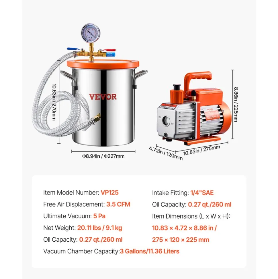 VEVOR 3 Gallon Vacuum Chamber and 3.5 CFM Pump Kit, Stainless Steel Chamber, Single Stage Vacuum Pump Degassing Chamber Kit, with Acrylic Lid, Oil, 4.92 ft Hose, for Degassing Resin Silicone Epoxies