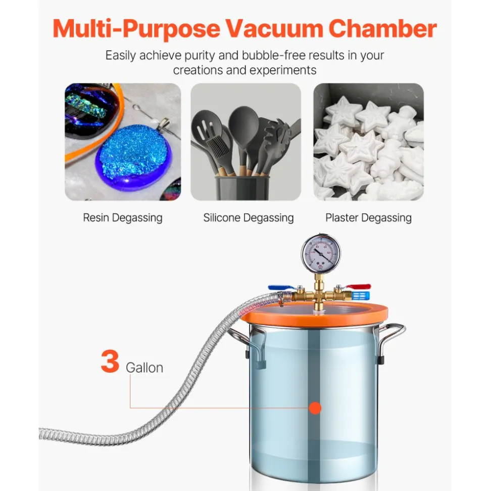 VEVOR 3 Gallon Vacuum Chamber and 3.5 CFM Pump Kit, Stainless Steel Chamber, Single Stage Vacuum Pump Degassing Chamber Kit, with Acrylic Lid, Oil, 4.92 ft Hose, for Degassing Resin Silicone Epoxies