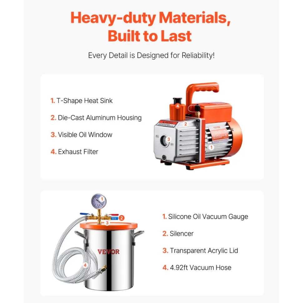 VEVOR 3 Gallon Vacuum Chamber and 3.5 CFM Pump Kit, Stainless Steel Chamber, Single Stage Vacuum Pump Degassing Chamber Kit, with Acrylic Lid, Oil, 4.92 ft Hose, for Degassing Resin Silicone Epoxies