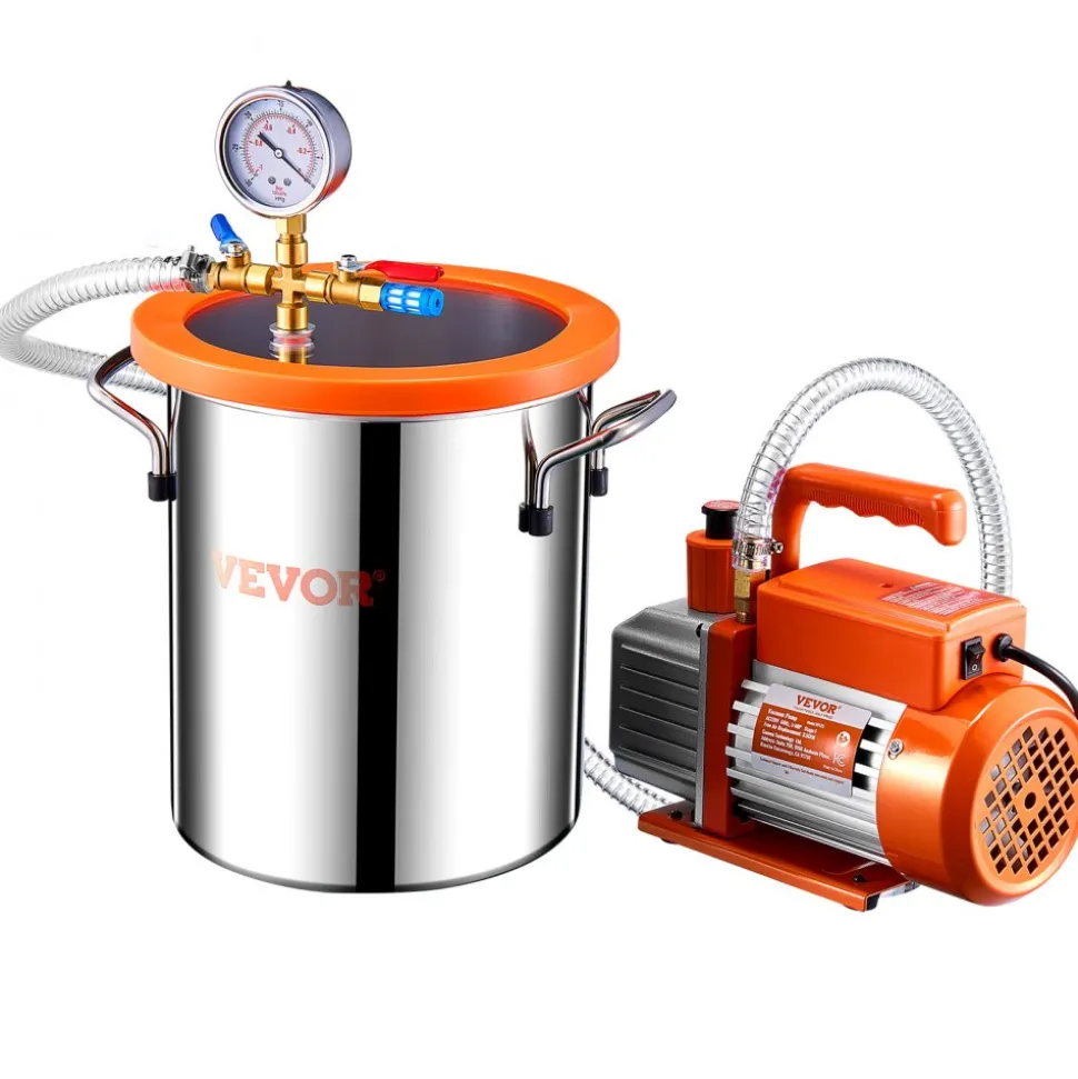 VEVOR 3 Gallon Vacuum Chamber and 3.5 CFM Pump Kit, Stainless Steel Chamber, Single Stage Vacuum Pump Degassing Chamber Kit, with Acrylic Lid, Oil, 4.92 ft Hose, for Degassing Resin Silicone Epoxies
