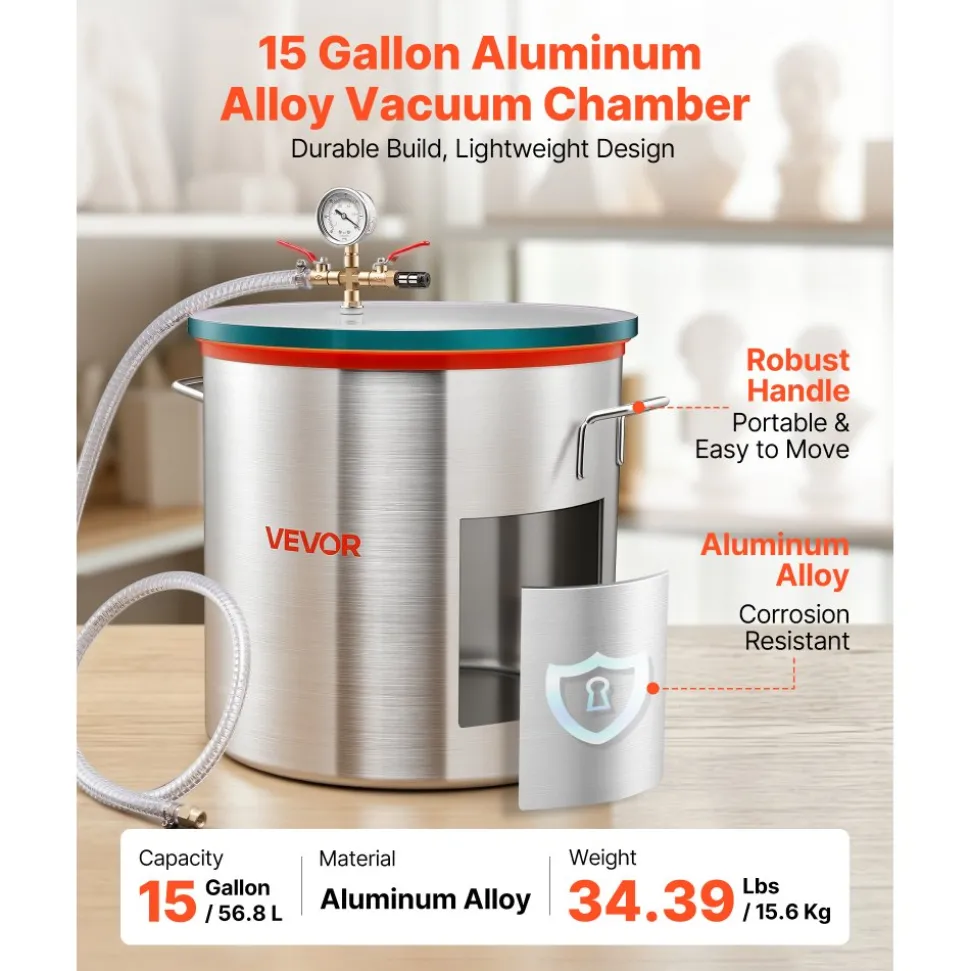 VEVOR 15 Gallon Vacuum Chamber, Aluminum Alloy, Vacuum Degassing Chamber with Tempered Glass Lid, Hose, Air Filter, for Resin Casting, Stabilizing Wood, Degassing Silicone, Epoxies, Essential Oils