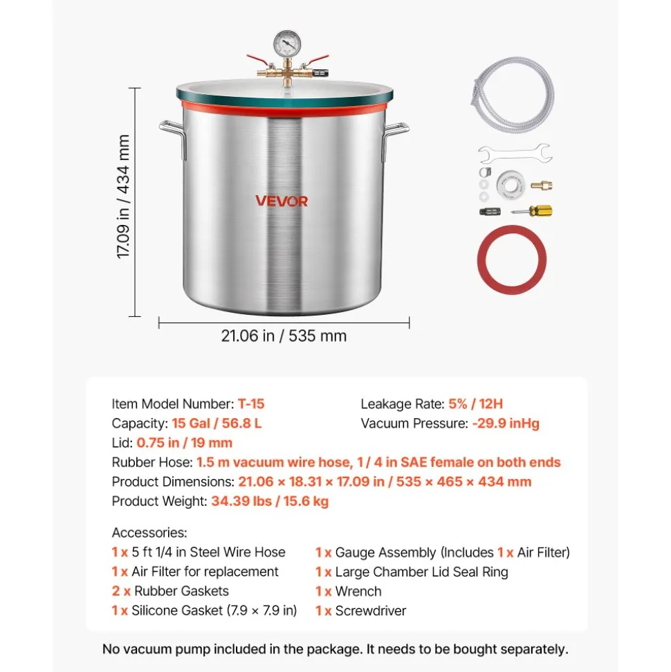 VEVOR 15 Gallon Vacuum Chamber, Aluminum Alloy, Vacuum Degassing Chamber with Tempered Glass Lid, Hose, Air Filter, for Resin Casting, Stabilizing Wood, Degassing Silicone, Epoxies, Essential Oils