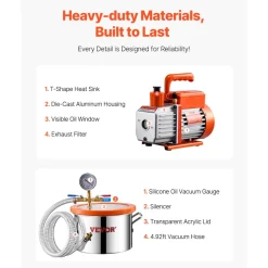 VEVOR 1.5 Gallon Vacuum Chamber and 3.5 CFM Pump Kit, Stainless Steel Chamber, Single Stage Vacuum Pump Degassing Chamber Kit, with Acrylic Lid, Oil, 4.92 ft Hose, for Degassing Resin Silicone Epoxies