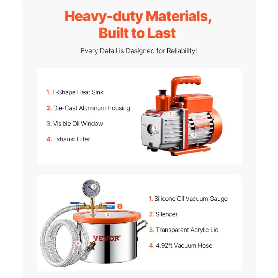 VEVOR 1.5 Gallon Vacuum Chamber and 3.5 CFM Pump Kit, Stainless Steel Chamber, Single Stage Vacuum Pump Degassing Chamber Kit, with Acrylic Lid, Oil, 4.92 ft Hose, for Degassing Resin Silicone Epoxies