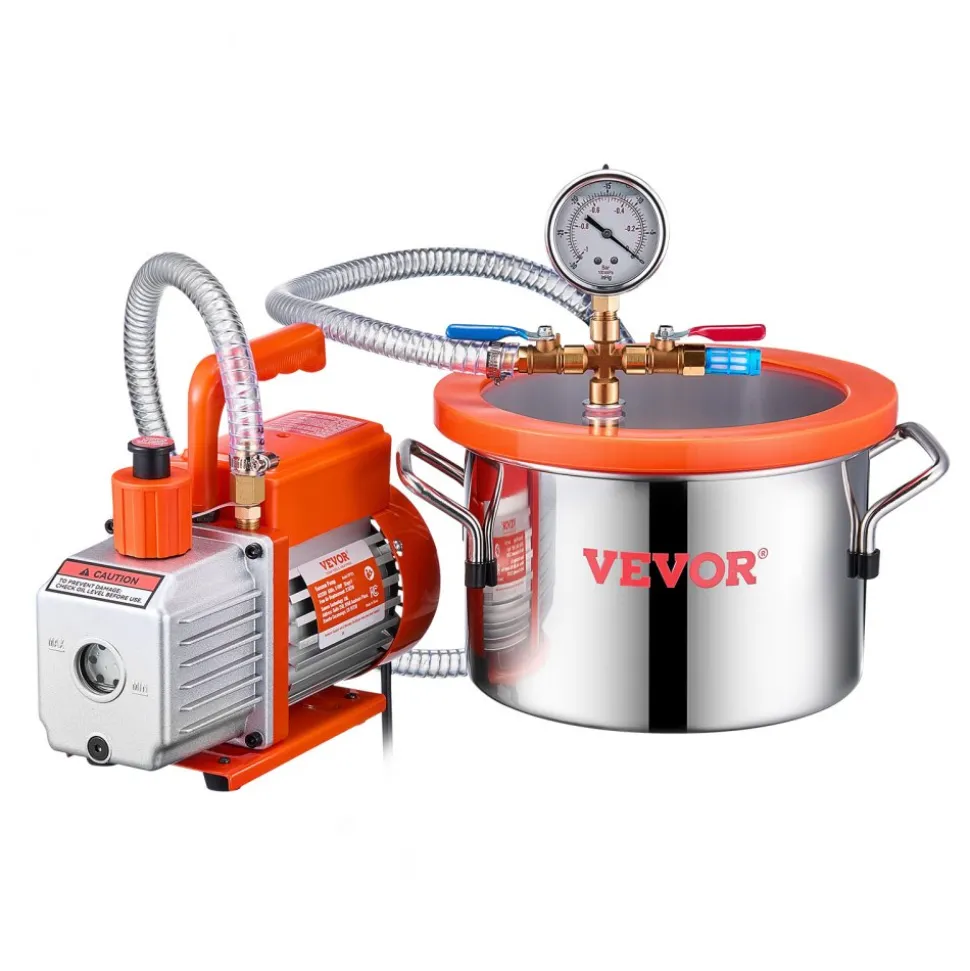 VEVOR 1.5 Gallon Vacuum Chamber and 3.5 CFM Pump Kit, Stainless Steel Chamber, Single Stage Vacuum Pump Degassing Chamber Kit, with Acrylic Lid, Oil, 4.92 ft Hose, for Degassing Resin Silicone Epoxies