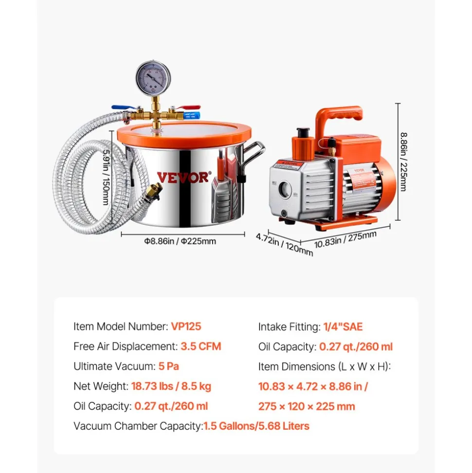 VEVOR 1.5 Gallon Vacuum Chamber and 3.5 CFM Pump Kit, Stainless Steel Chamber, Single Stage Vacuum Pump Degassing Chamber Kit, with Acrylic Lid, Oil, 4.92 ft Hose, for Degassing Resin Silicone Epoxies