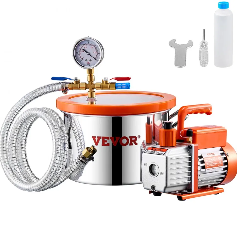 VEVOR 1.5 Gallon Vacuum Chamber and 3.5 CFM Pump Kit, Stainless Steel Chamber, Single Stage Vacuum Pump Degassing Chamber Kit, with Acrylic Lid, Oil, 4.92 ft Hose, for Degassing Resin Silicone Epoxies